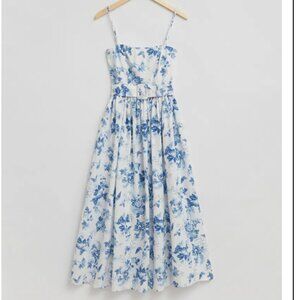 & Other Stories Blue Floral Belted Linen Midi Dress
